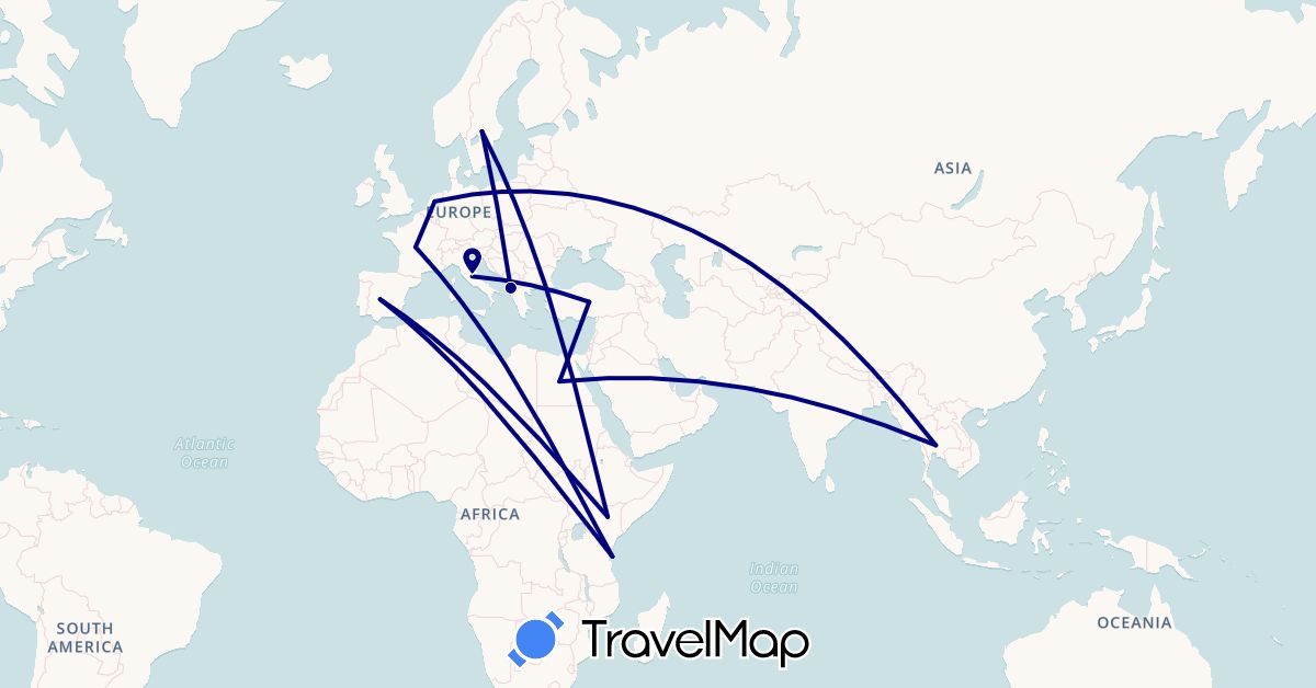 TravelMap itinerary: driving in Albania, Egypt, Spain, France, Italy, Kenya, Netherlands, Sweden, Thailand, Turkey, Tanzania (Africa, Asia, Europe)
